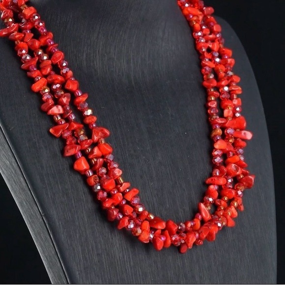 Vibrant Coral 3-Piece Jewelry Set Gemstone Necklace Set Bracelet & Earrings